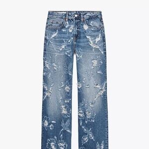 Zara Distressed Straight-Leg Jeans in Light Blue with White Fading